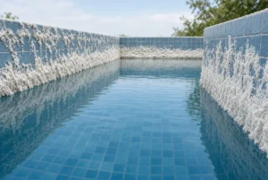 Thick white calcium silicate scale buildup on pool waterline tile