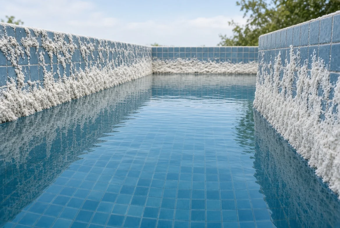 Thick white calcium silicate scale buildup on pool waterline tile