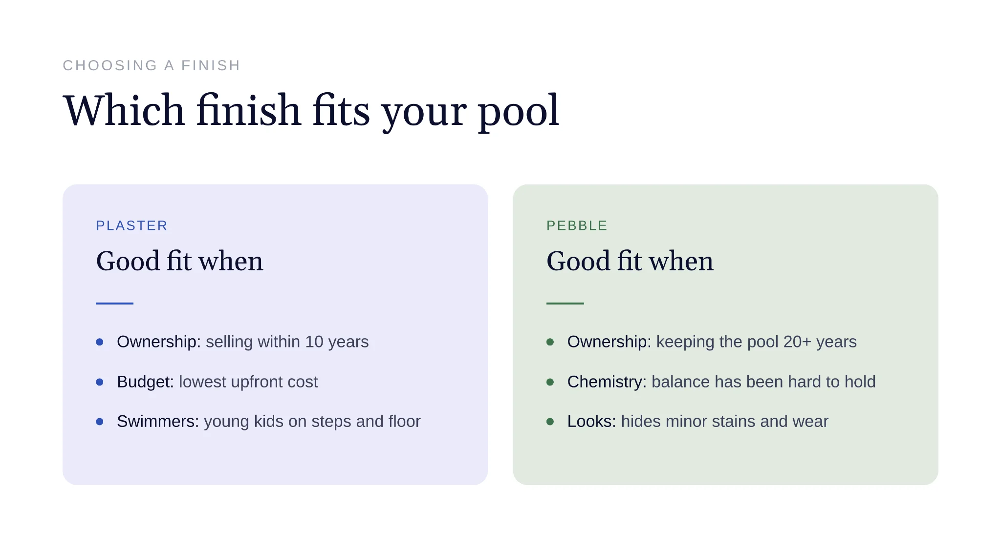 Homeowner choosing between pebble and plaster pool finish