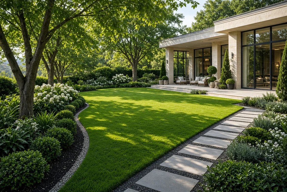Cleanly edged lawn border running along a paved walkway