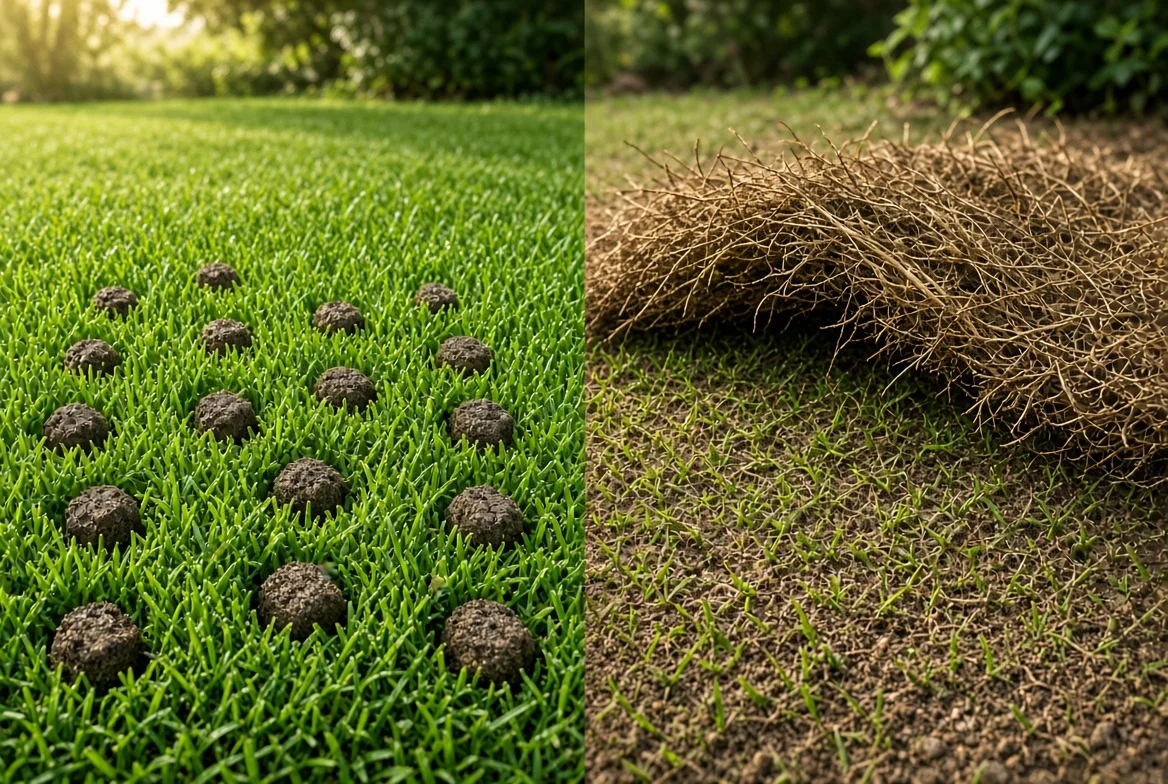 Core aeration machine leaving soil plugs on a lawn