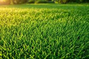 Dense green lawn grass glowing in morning sunlight