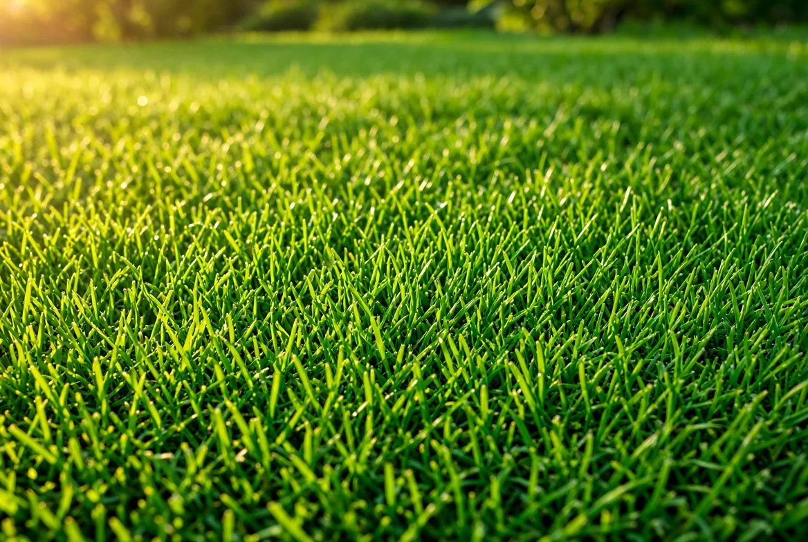 Dense green lawn grass glowing in morning sunlight