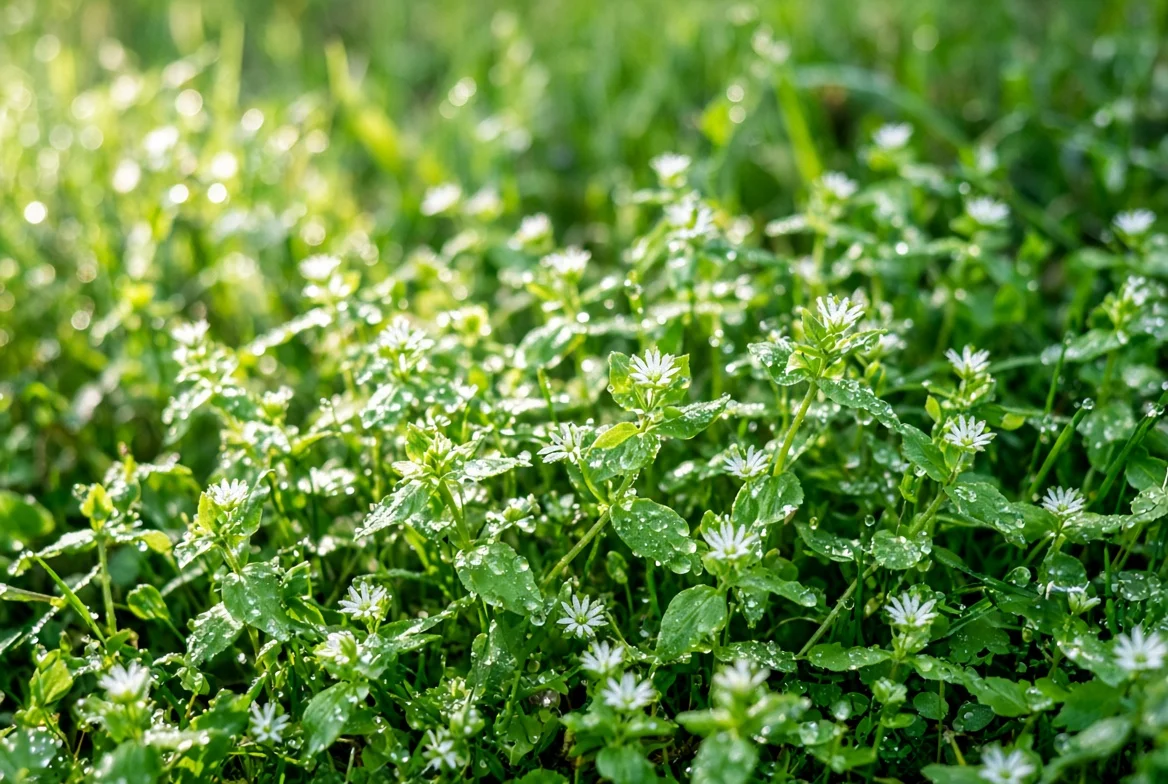 Dew-covered common chickweed with small white flowers spreading through green lawn