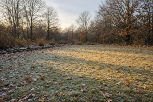 Frost-covered dormant lawn with bare trees at dawn