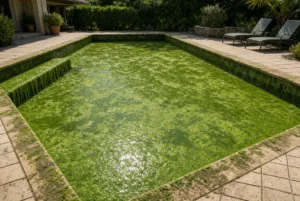 Backyard swimming pool completely covered in thick green algae
