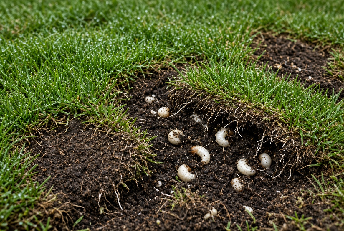 Cluster of white C-shaped grubs exposed in dark lawn soil