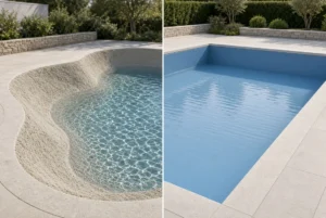 Split view comparing a gunite pool and a vinyl liner pool