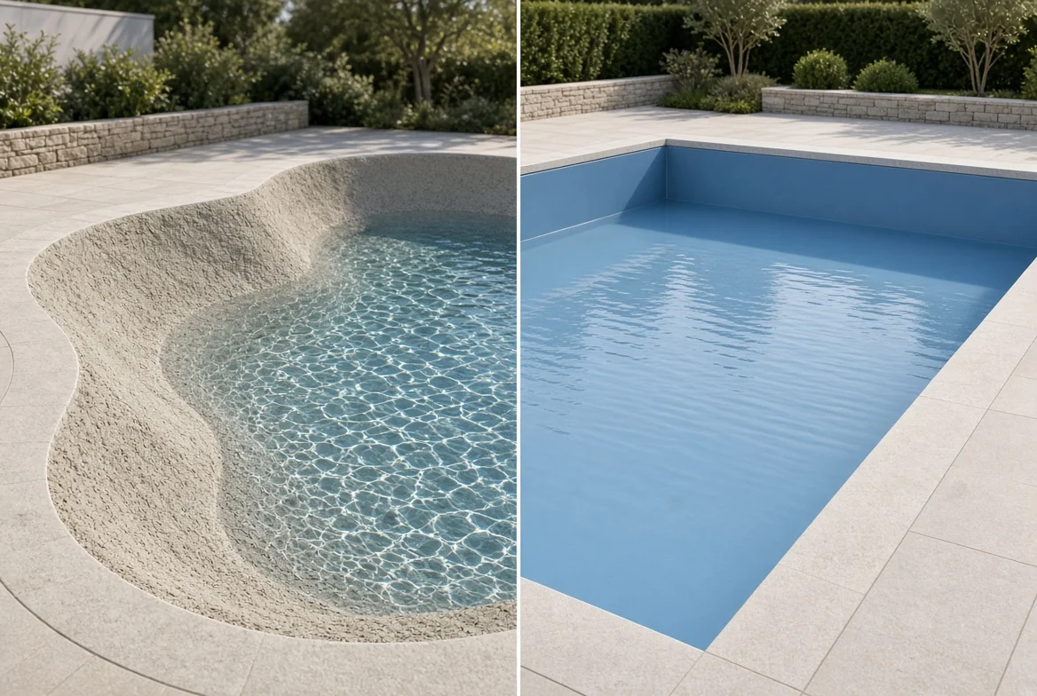 Split view comparing a gunite pool and a vinyl liner pool