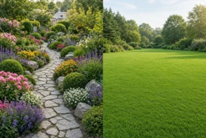 Landscaper working on a lawn and garden beds