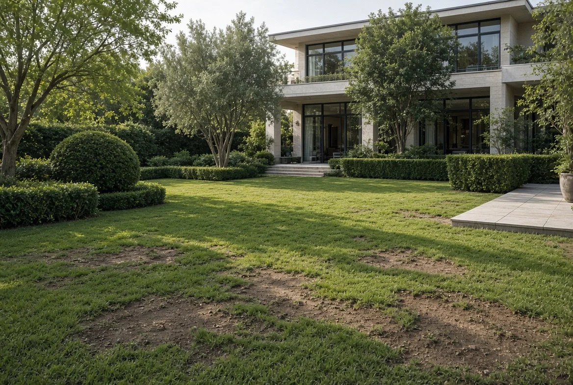 Large bare dirt patches spread across a green home lawn