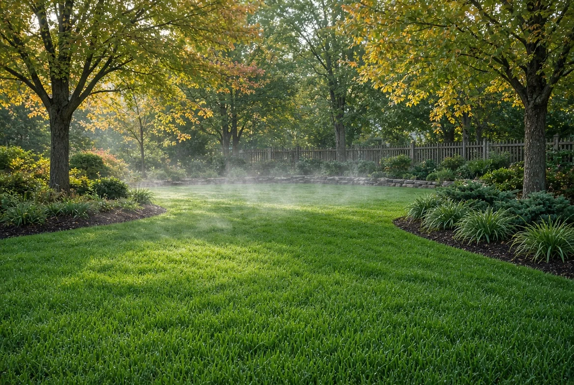 Sprinkler mist watering green lawn with autumn trees