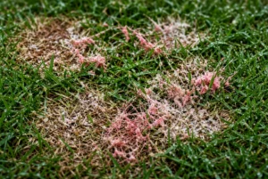 Close-up of pink red thread fungal strands growing on grass blades