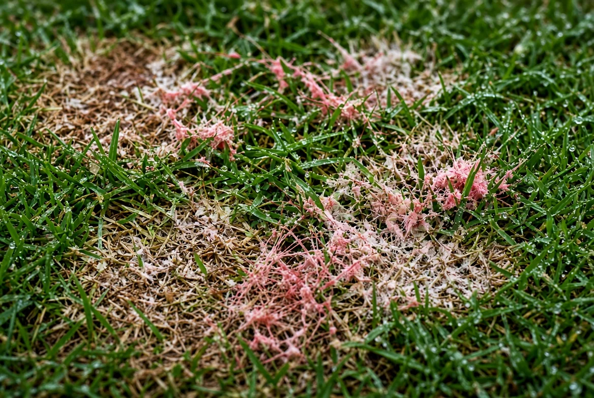 Close-up of pink red thread fungal strands growing on grass blades