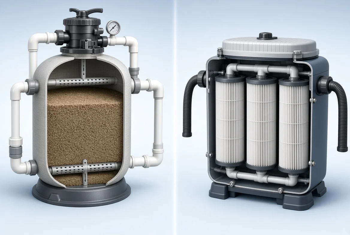 Cutaway view comparing a sand filter and a cartridge filter