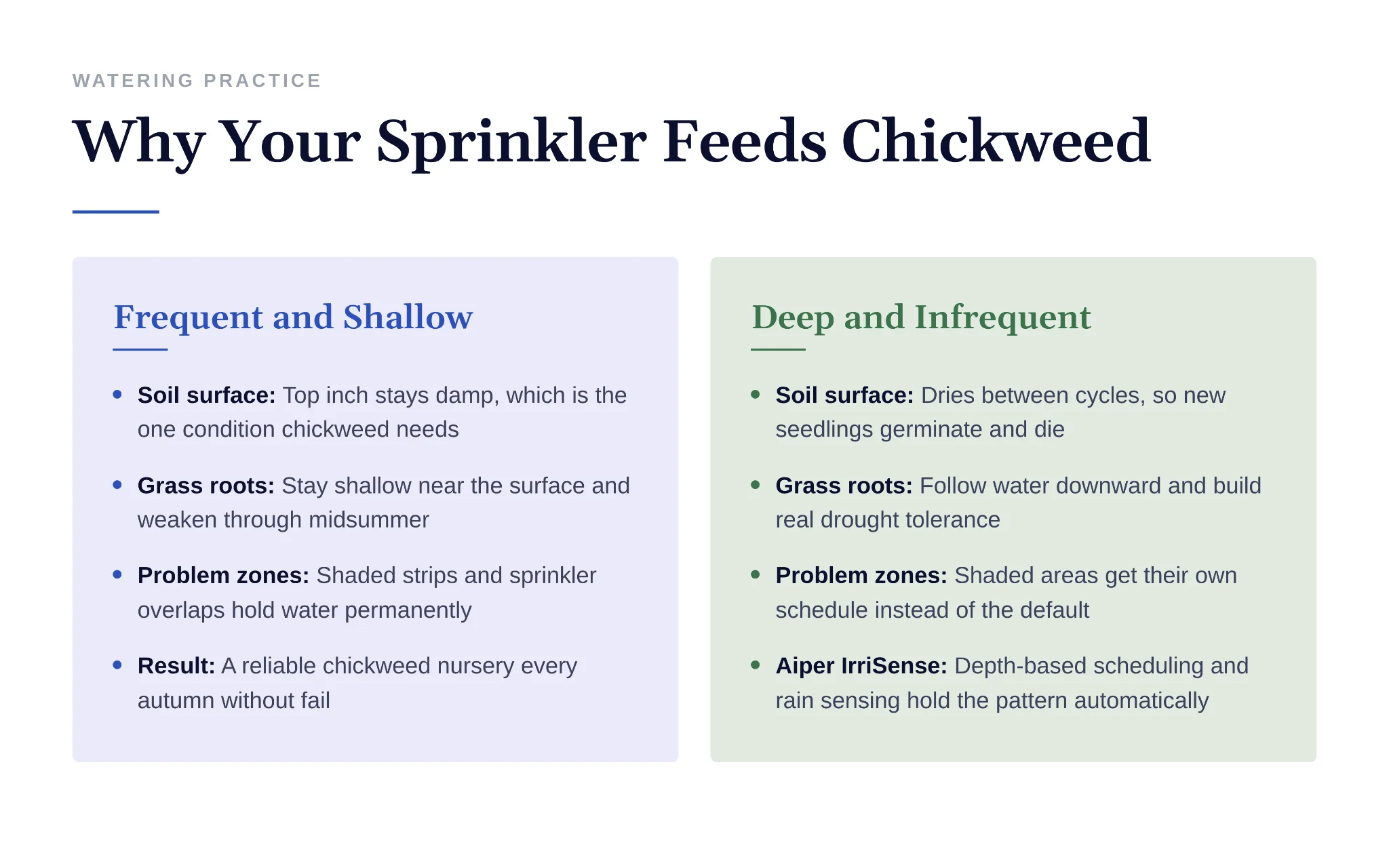 Comparison showing how shallow watering promotes chickweed growth versus deep watering