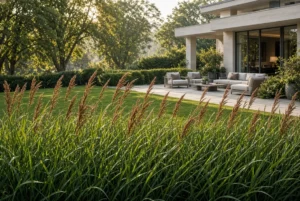 Tall johnsongrass weed growing among green lawn grass