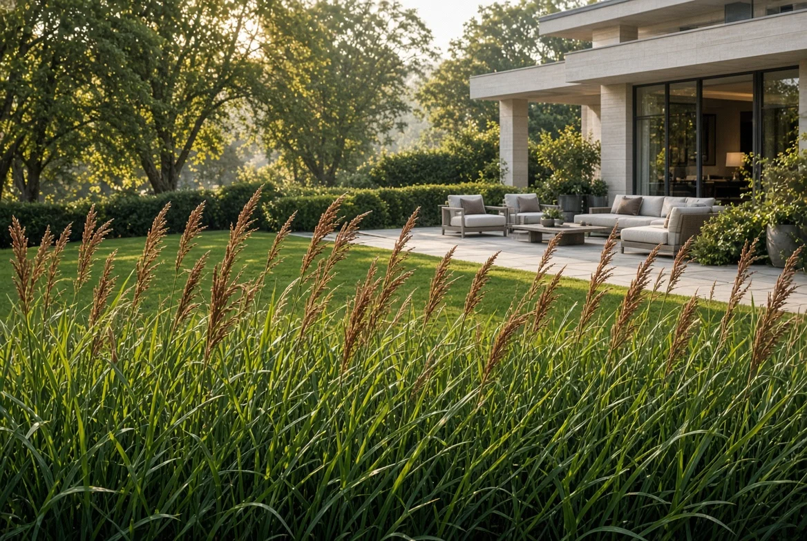 Tall johnsongrass weed growing among green lawn grass