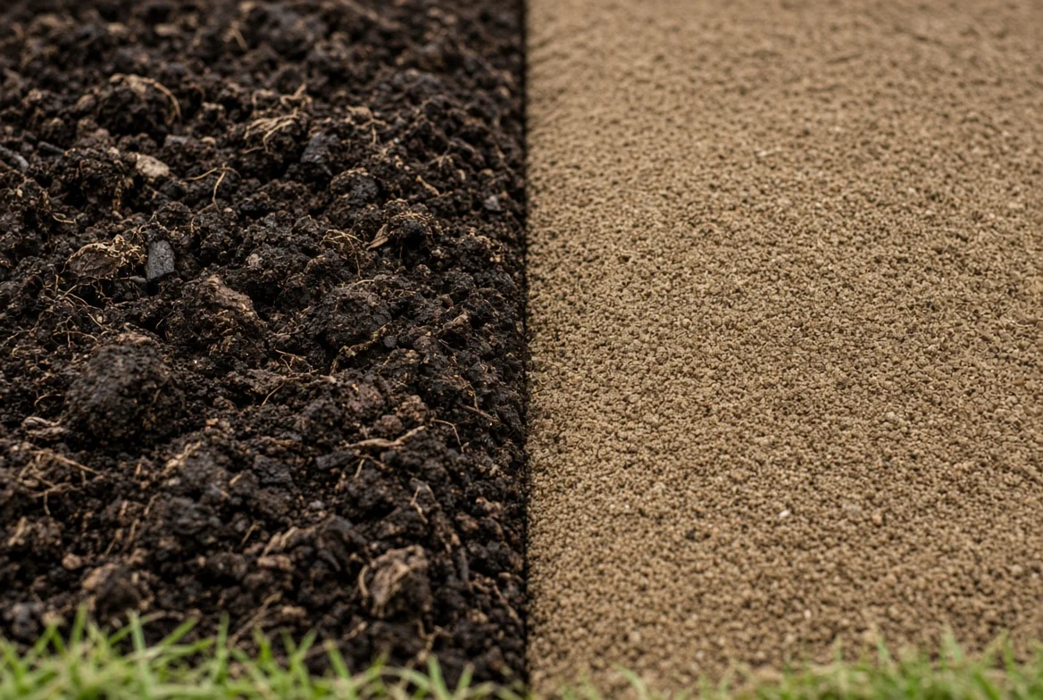 Close-up comparison of dark topsoil and lighter lawn soil texture