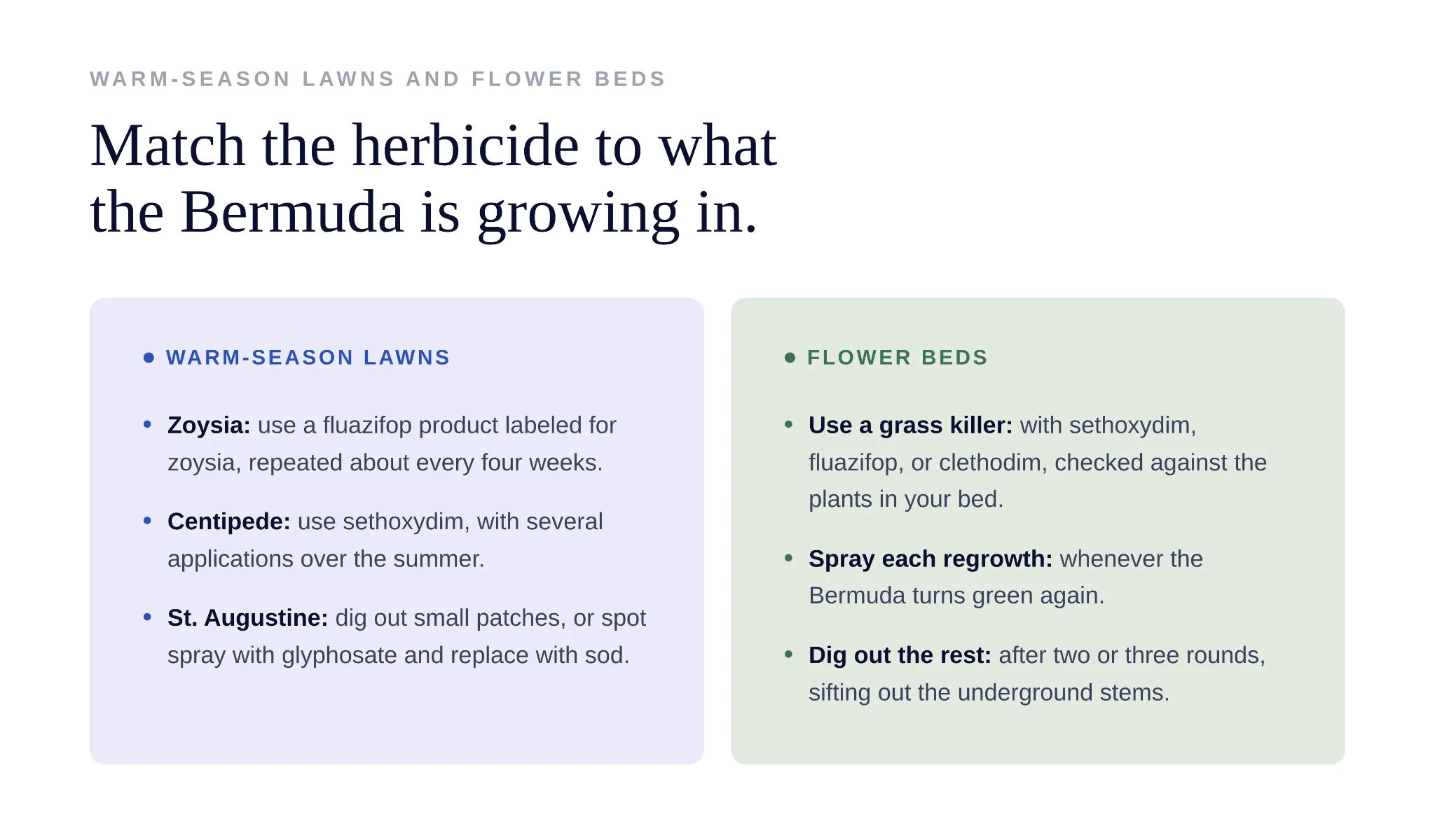 Chart matching bermuda grass herbicides to warm-season lawns versus flower beds