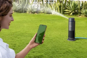 Woman using smartphone app to control Aiper IrriSense 2 lawn sprinkler