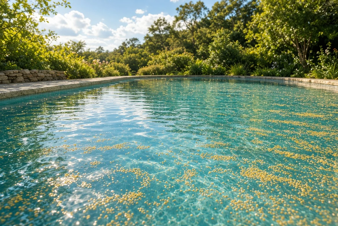 Yellow tree pollen floating across a clear blue swimming pool