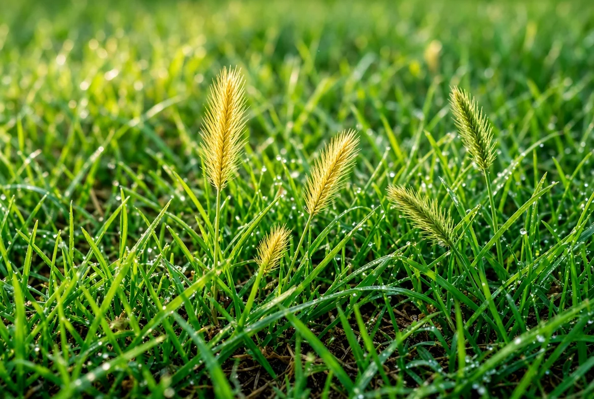 Young golden foxtail seedheads emerging from dew-covered green lawn grass