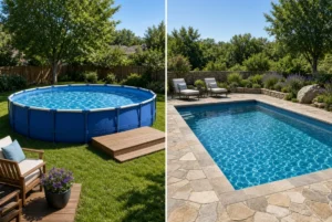 Backyard comparing above ground and in ground pool options