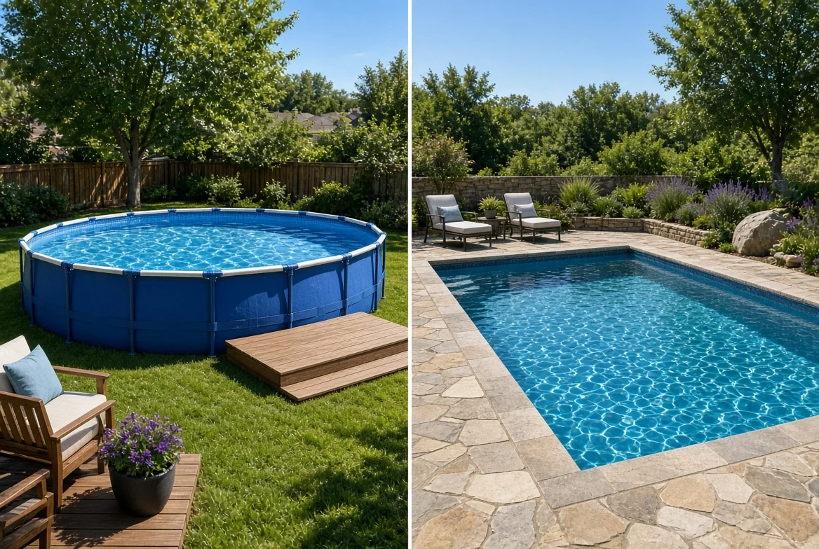 Backyard comparing above ground and in ground pool options