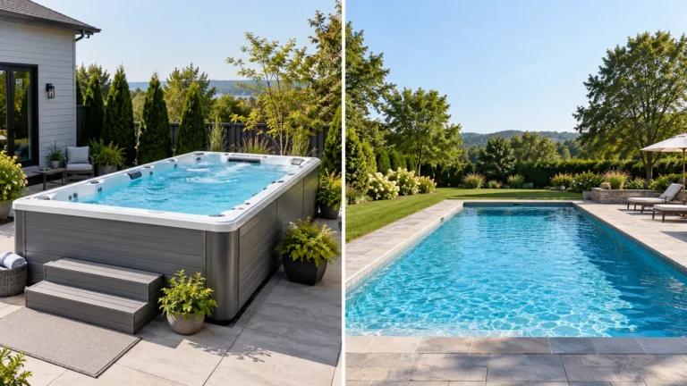 Compact swim spa contrasts with a full backyard pool