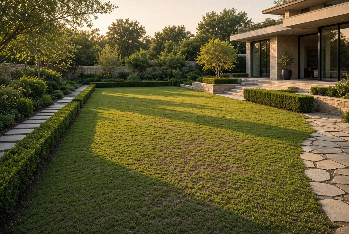 Closely mowed lawn in golden sunset beside modern home