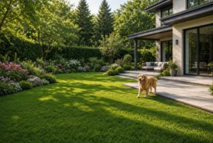 Dog standing on a green lawn in a backyard