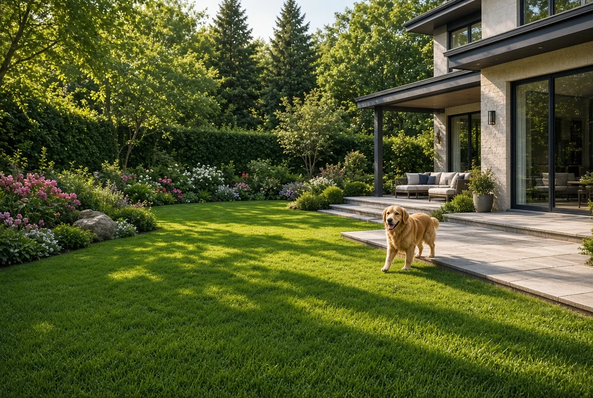 Dog standing on a green lawn in a backyard