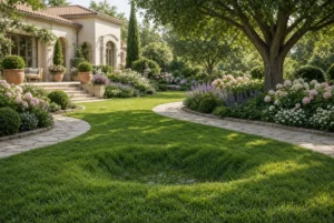 Green garden lawn with a sunken low spot holding water
