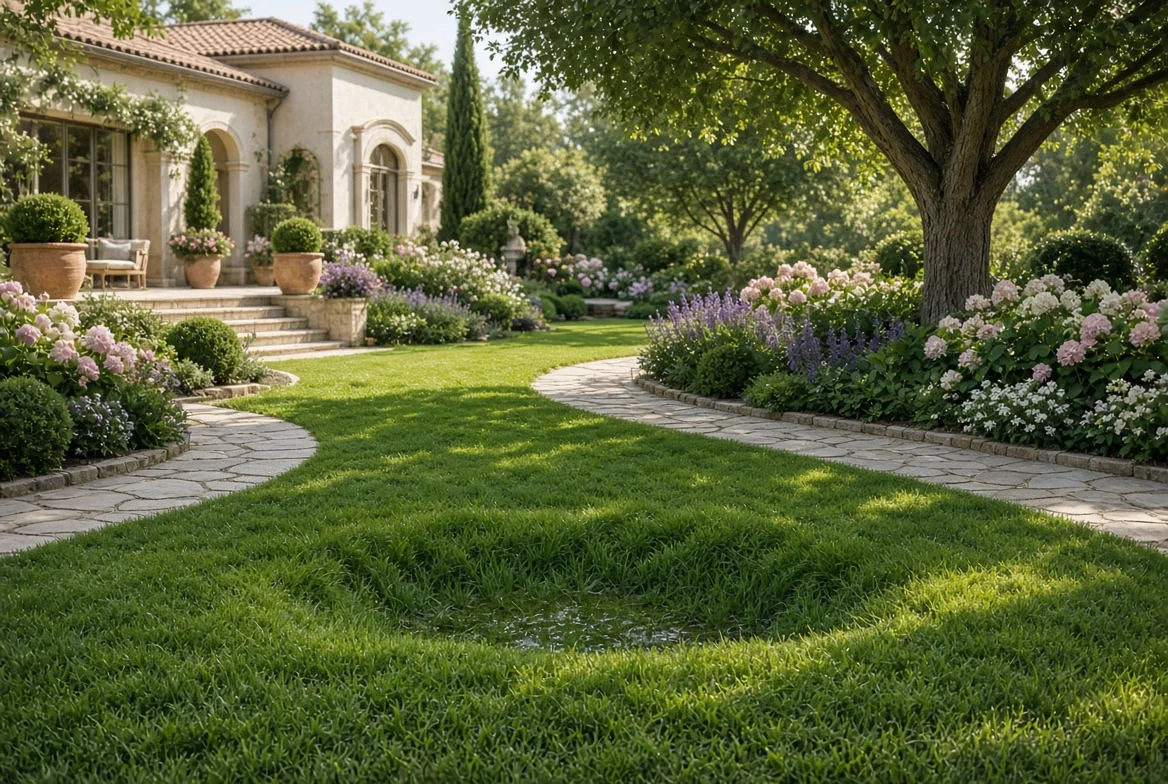 Green garden lawn with a sunken low spot holding water