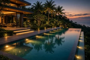 Infinity pool glowing with underwater lights at dusk