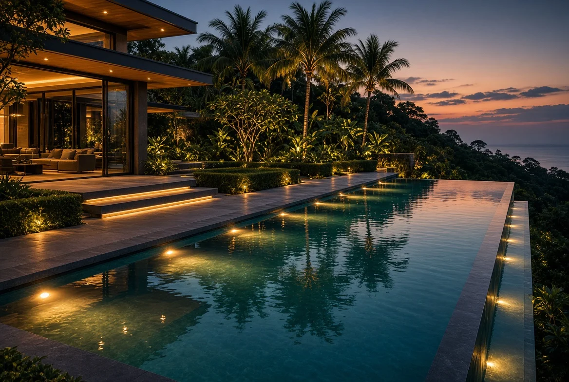 Infinity pool glowing with underwater lights at dusk