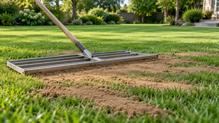 Leveling rake spreads fine topdressing over uneven lawn grass