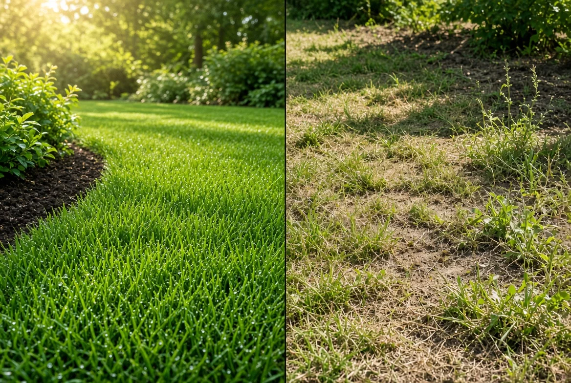 Freshly mowed green lawn with visible mowing stripes