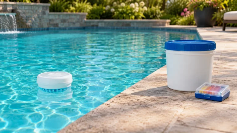 Chlorine floater and sealed treatment container illustrate pool maintenance