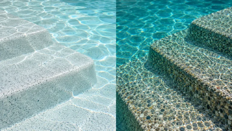 Quartz and pebble pool steps show contrasting surface textures
