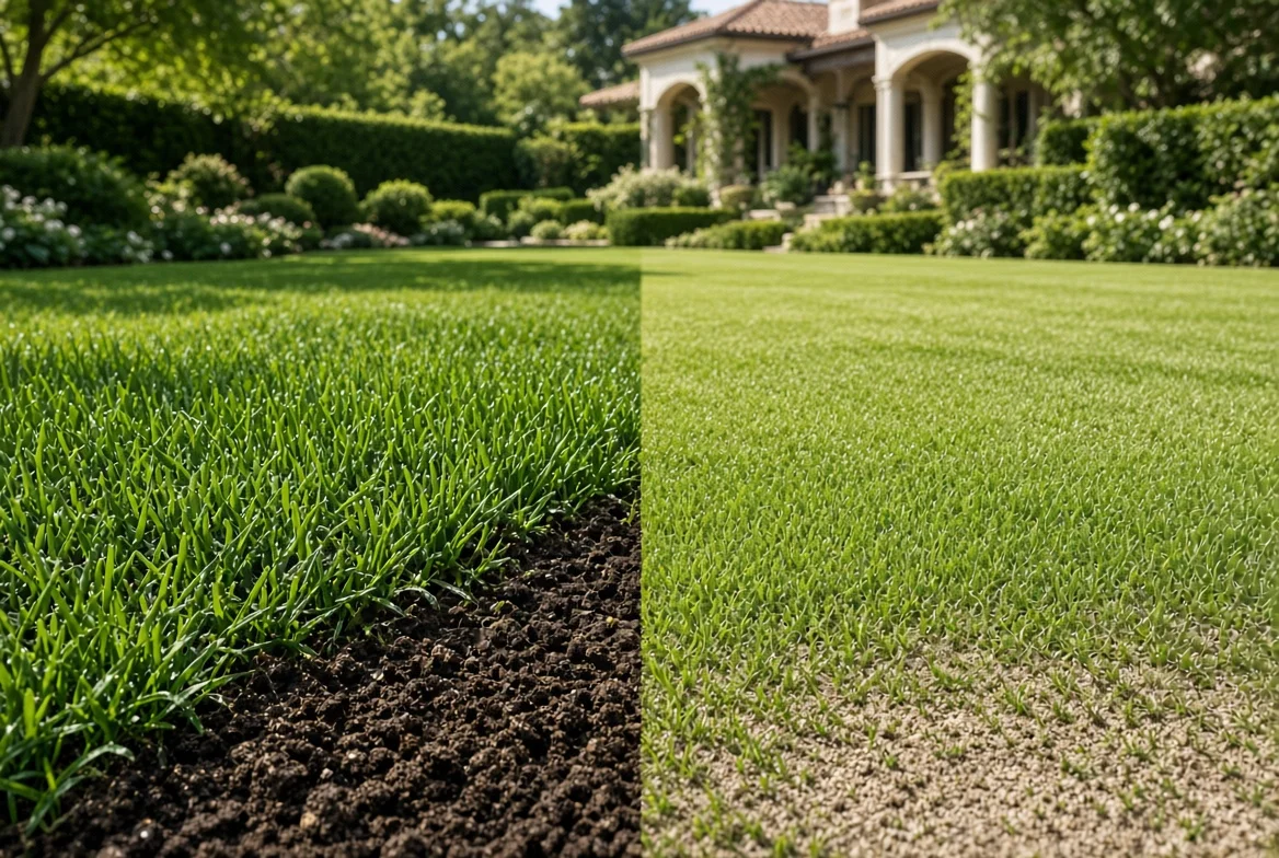 Lawn split between dark soil and pale sandy soil