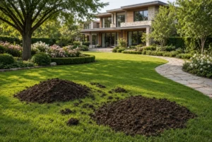 Person spreading dark compost over a healthy green lawn