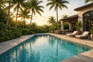 Backyard swimming pool at golden sunset with palm trees