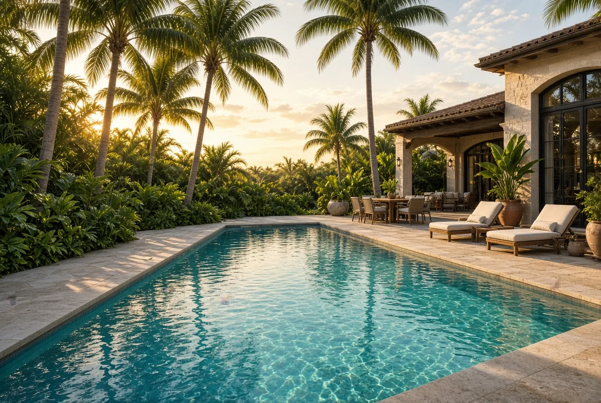 Backyard swimming pool at golden sunset with palm trees